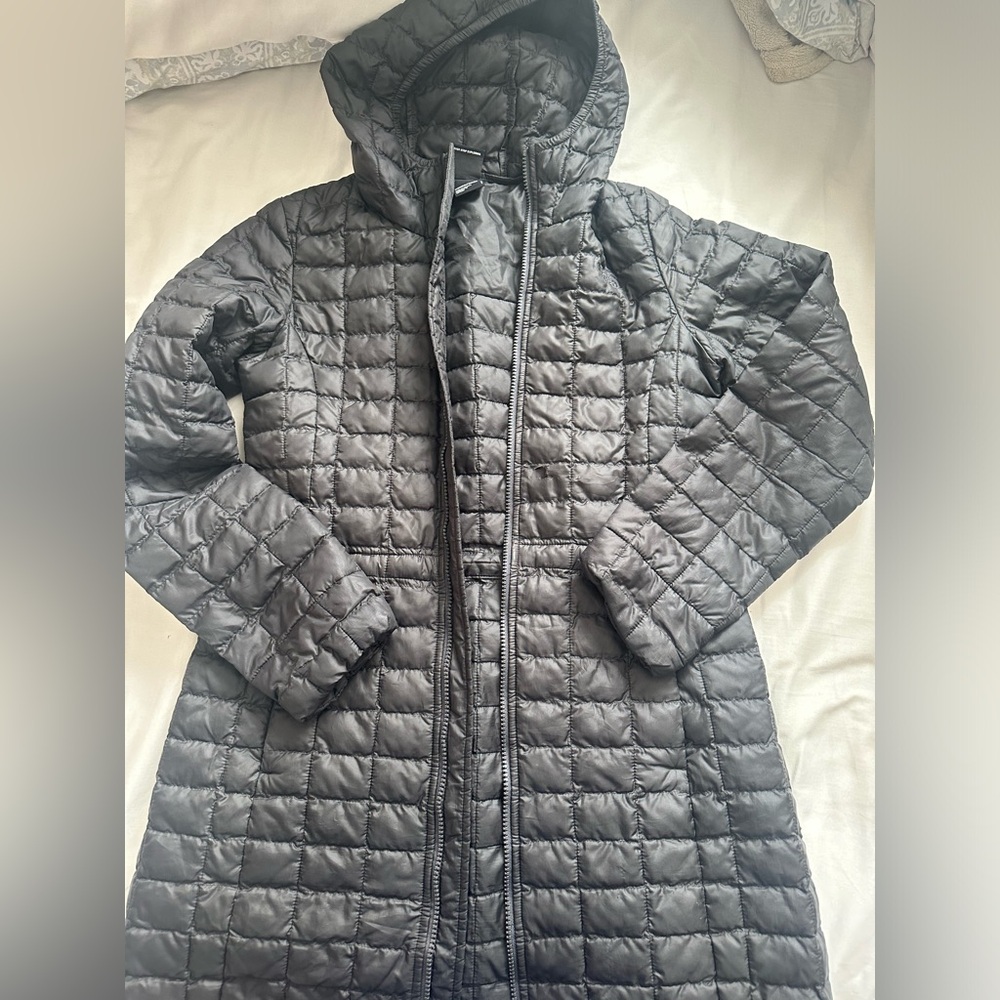 North face black long winter jacket small